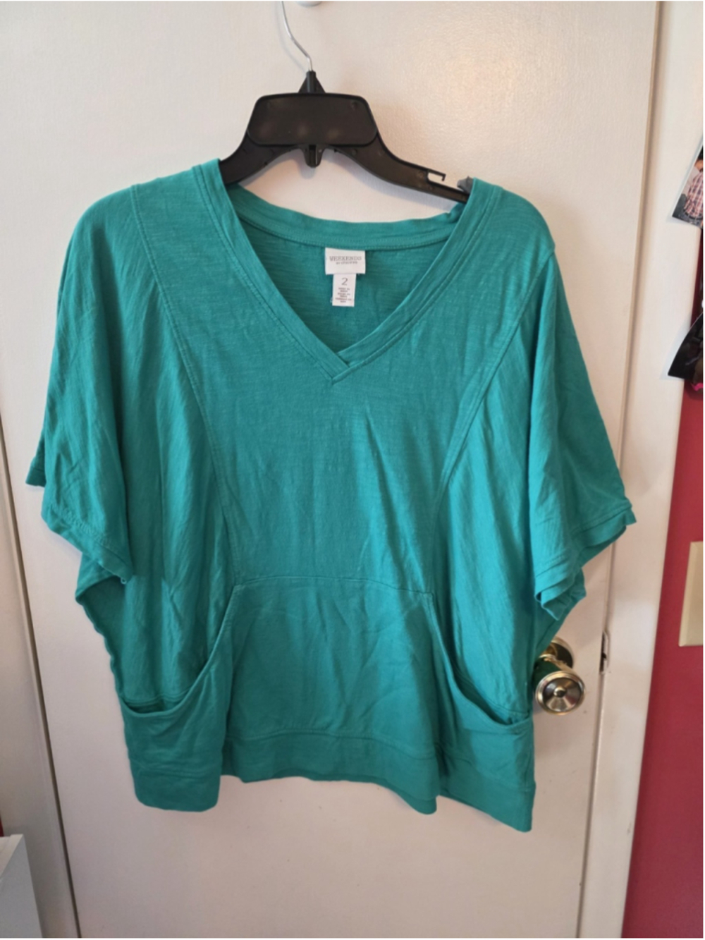 Weekends Chicos 2 Dolman Tee Shirt Womens S Pouch Pocket V Neck Short Sleeves